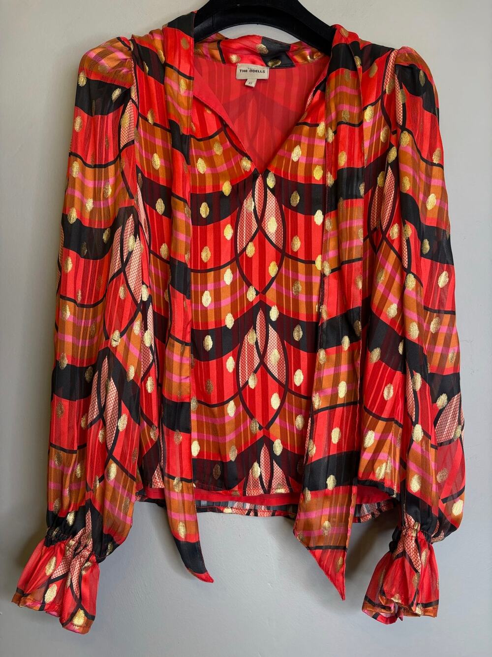 The Odells Anthropologie Red Gold Geometric Metallic Long Sleeve Blouse Size XS